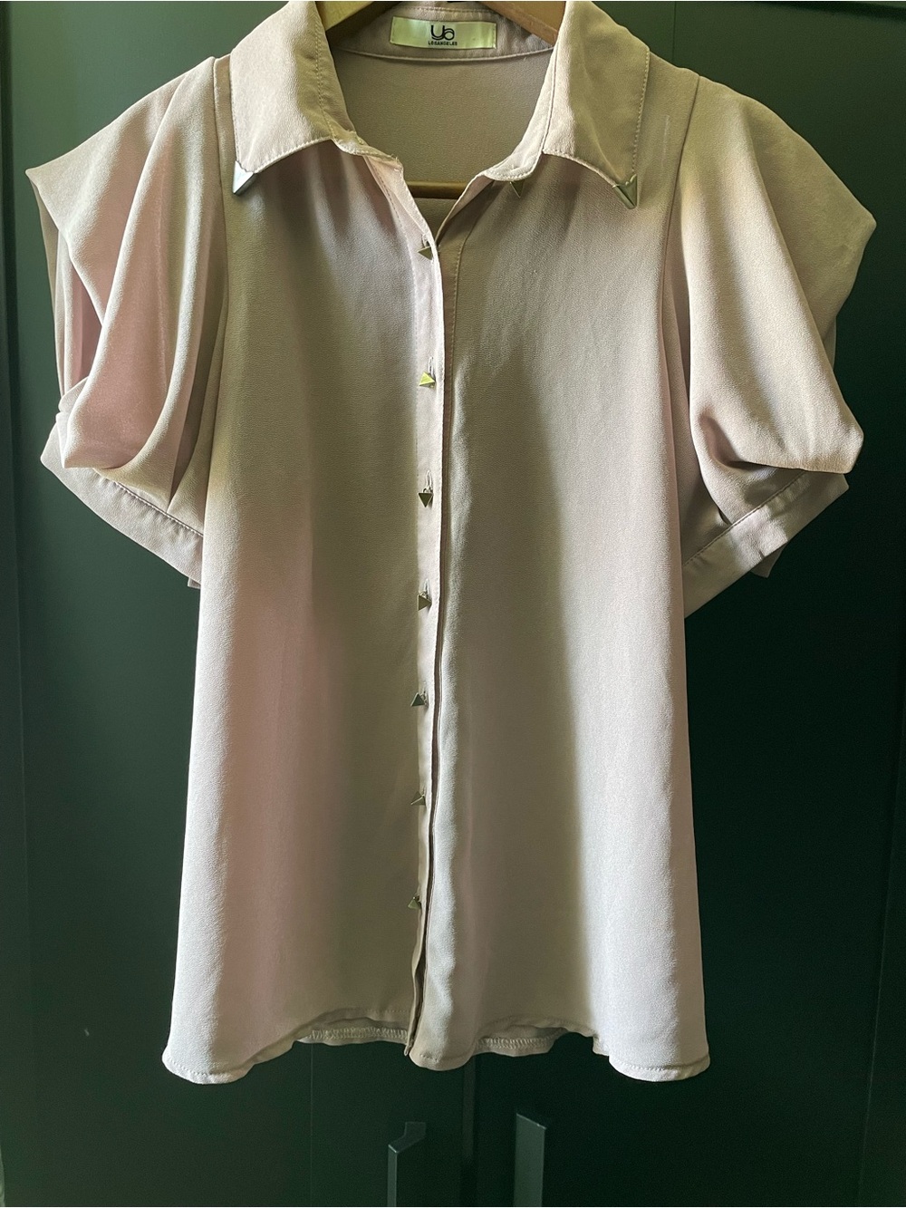 Boutique YA Los Angeles purple grey blouse w/ metal pyramid studs & buttons